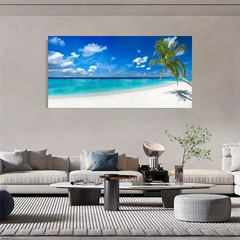 Vibrant Ocean & Palm Tree View Wall Art Canvas Office Home Room Framed 80x45cm