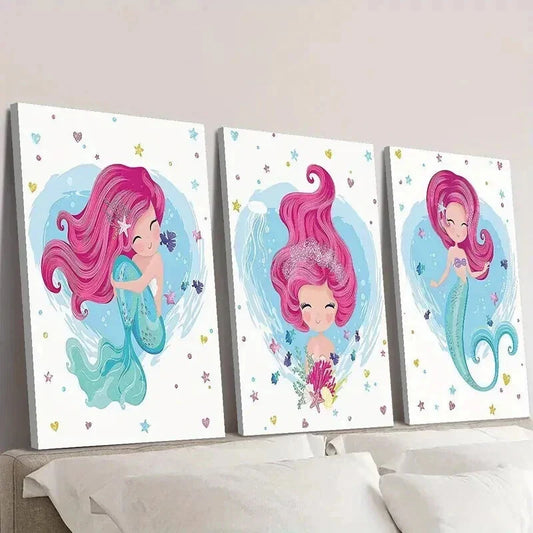 3pcs Pink Hair Light Blue Body Cute Mermaid Wall Art Set Canvas Framed 40x60cm - High Quality Print 100% Australian Made Wall Canvas Ready to Hang