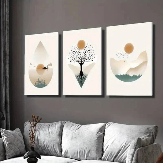 3pcs Tree of Life Lake Boat and Sunrise Wall Art Set Canvas Framed 40x60cm - High Quality Print 100% Australian Made Wall Canvas Ready to Hang