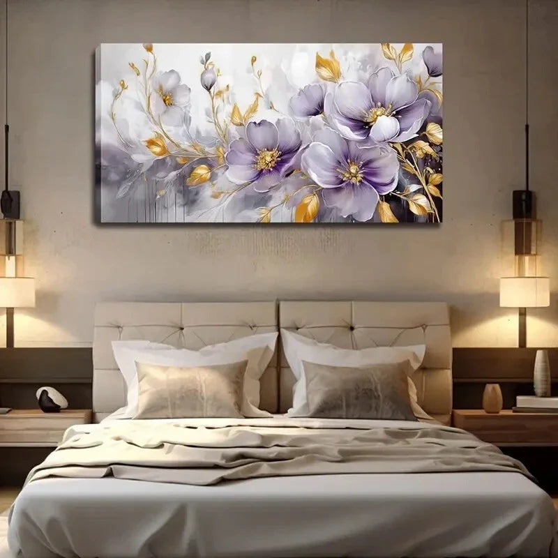 Elegant Light Purple Floral Wall Art Canvas Office Home Room Framed 120x60cm