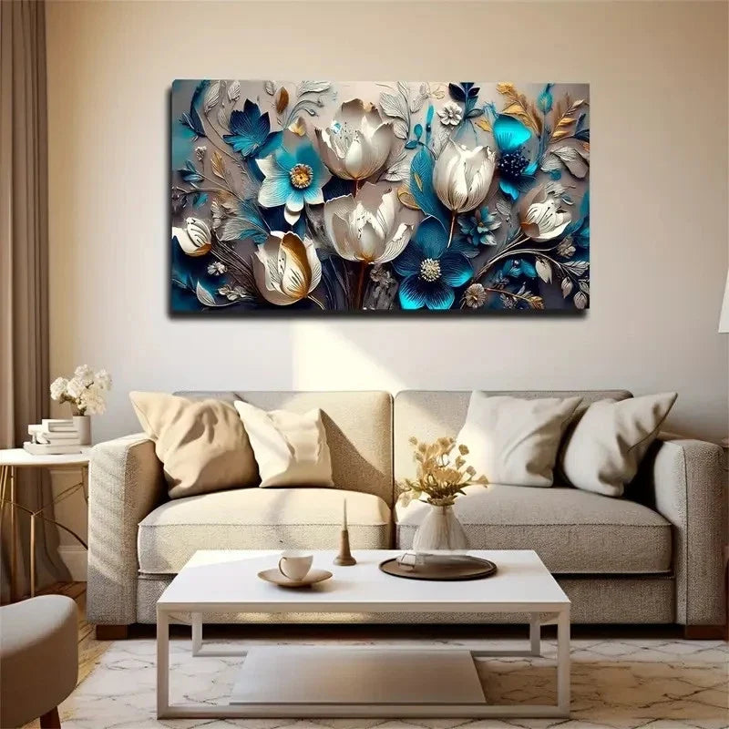 Golden & Blue Flowers Wall Art Canvas Office Home Room Framed 80x45cm