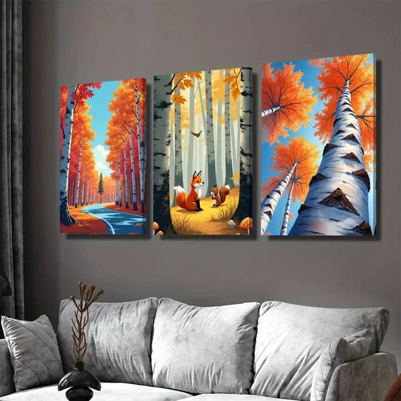3pcs Autumn Forest Scene Fox and Squirrels Tree Wall Art Set Canvas Framed 40x60cm - High Quality Print 100% Australian Made Wall Canvas Ready to Hang