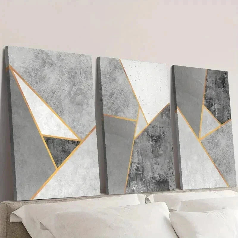 3pcs Grey and Golden Geometric Designs Wall Art Set Canvas Framed 40x60cm - High Quality Print 100% Australian Made Wall Canvas Ready to Hang