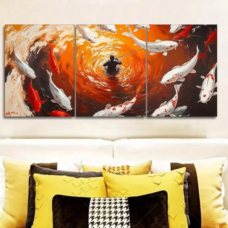 3pcs Vibrant Koi Fish & Fisherman Scene, Metal Print Ready to Hang Art