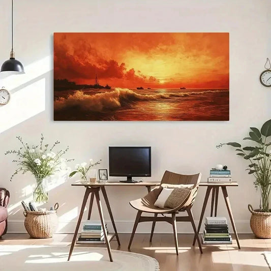 Sunset Beach Waves & Red Sky Wall Art Canvas Office Home Room Framed 120x60cm