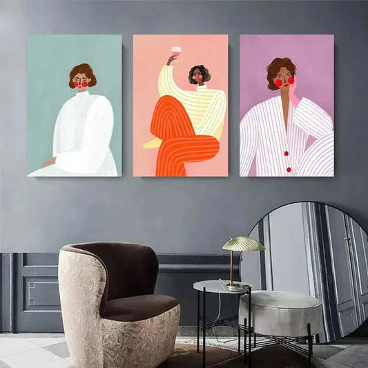3pcs Minimalist Women with Stripes and Bold Metal Print Ready to Hang Art