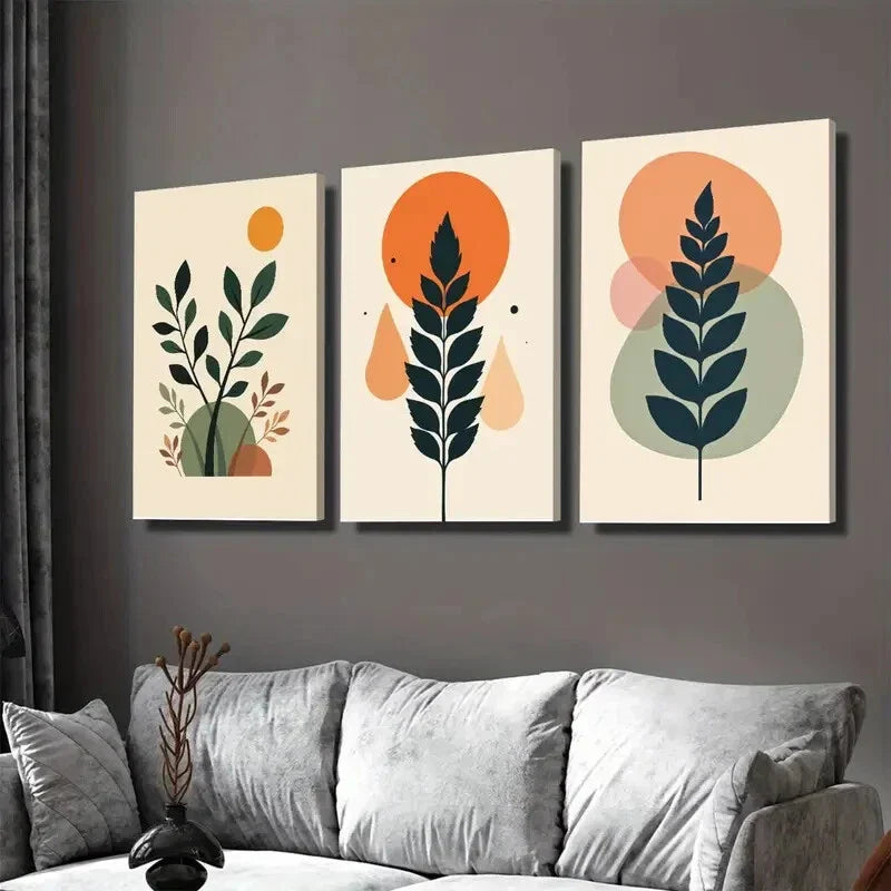 3pcs Modern Abstract Botanical Beige & Orange Wall Art Set Canvas Framed 40x60cm - High Quality Print 100% Australian Made Wall Canvas Ready to Hang