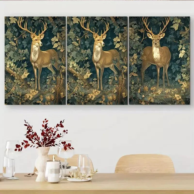 3pcs Golden - deer in Forest Triptych Wall Art Set Canvas Framed 40x60cm - High Quality Print 100% Australian Made Wall Canvas Ready to Hang