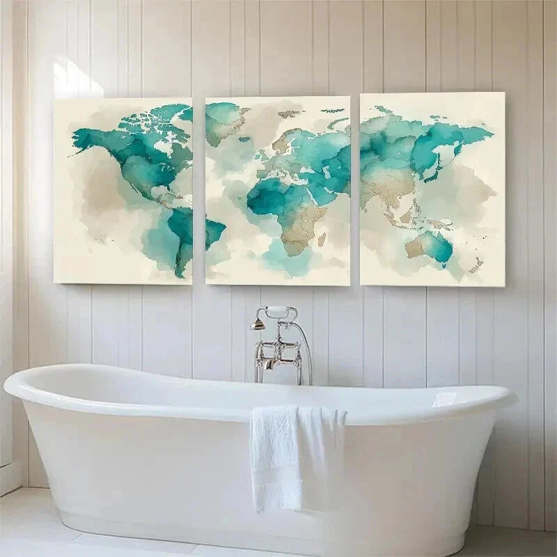 3pcs Abstract Global Map Beige Tones Perfect Wall Art Set Canvas Framed 40x60cm - High Quality Print 100% Australian Made Wall Canvas Ready to Hang
