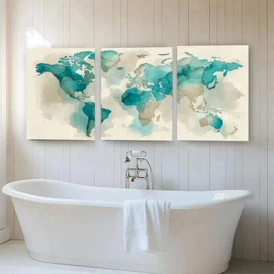 3pcs Abstract Global Map Beige Tones Perfect Wall Art Set Canvas Framed 40x60cm - High Quality Print 100% Australian Made Wall Canvas Ready to Hang