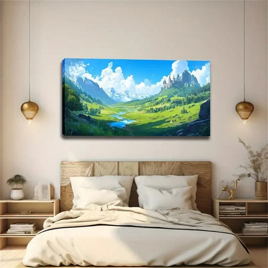 Serene Green Valley & River Wall Art canvas office home room framed 120x60cm