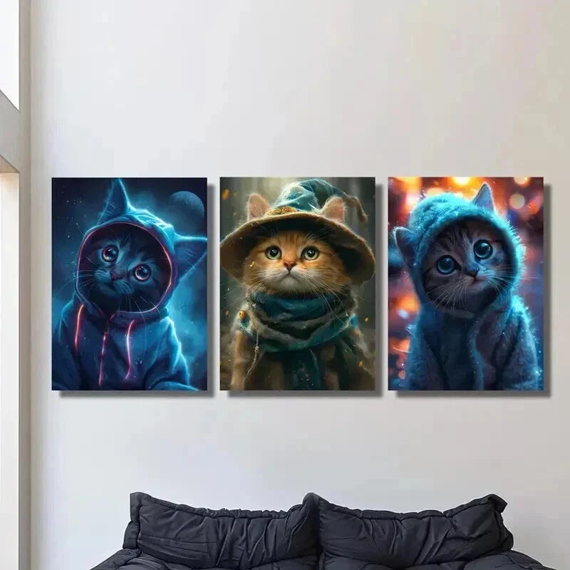 3pcs Cute Cat art Wearing Clothes Wall Art Set Canvas Framed 40x60cm - High Quality Print 100% Australian Made Wall Canvas Ready to Hang