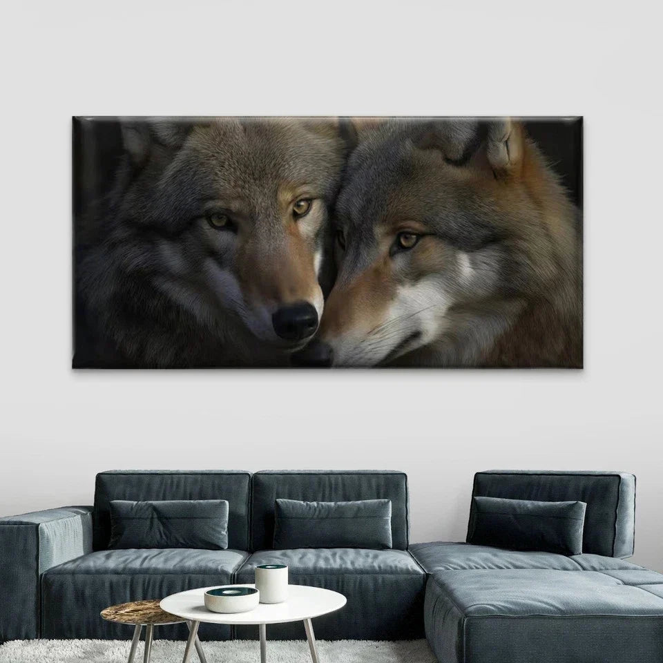Modern Two Wolves Wall Art Canvas Office Home Room Framed 80x45cm