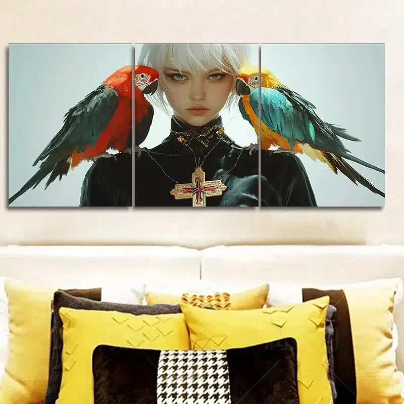 3pcs Featuring Colorful Parrots And Girls Metal Print Ready to Hang Art