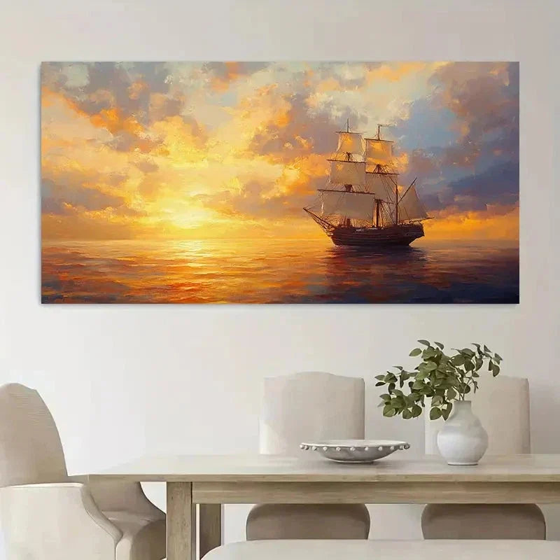 Sailing Ship Sunset Realistic Wall Art Canvas Office Home Room Framed 120x60cm