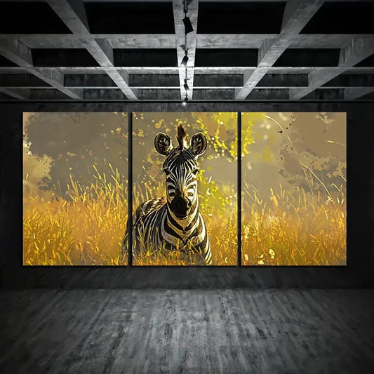 3pcs Zebra Animal Nature Yellow Grasses Metal Print Ready to Hang Art
