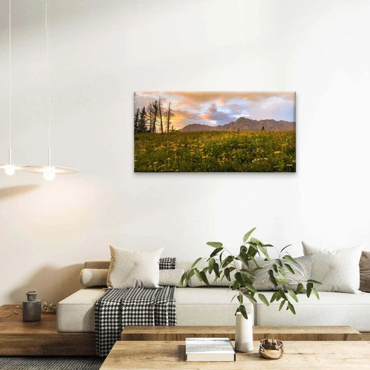Alpine Meadow Sunset Landscape Wall Art Canvas Office Home Framed 80x45cm