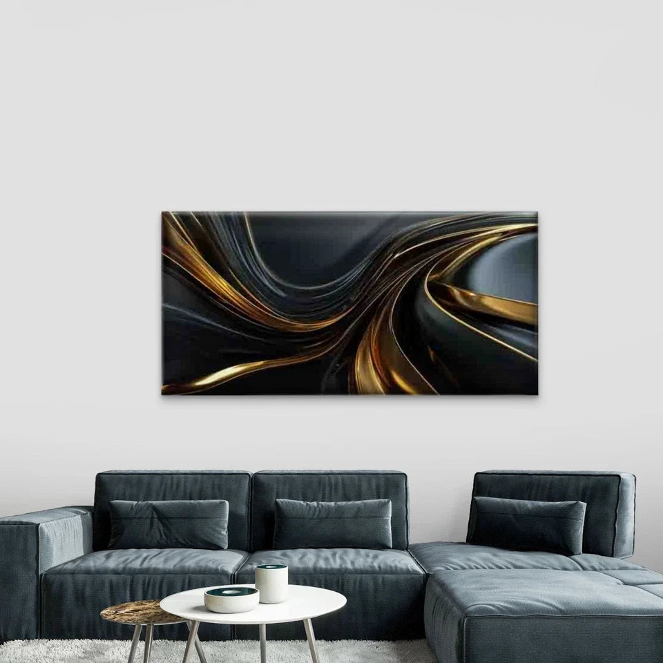 Elegant Golden Abstract Art Wall Art Canvas Office Home Room Framed 80x45cm