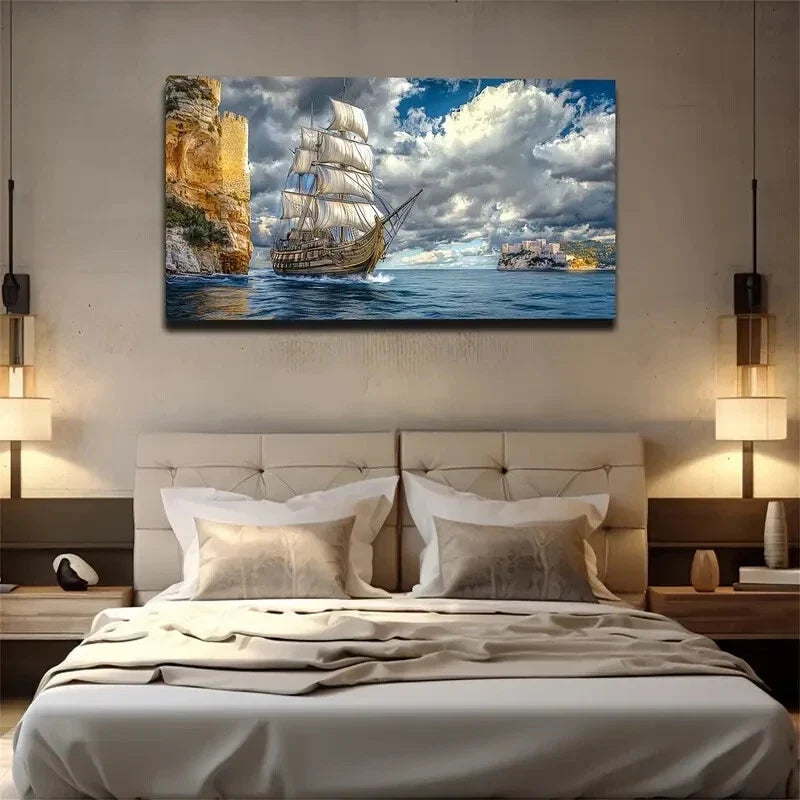 Opalescent Sails & Ocean Waves Wall Art Canvas Office Home Room Framed 120x60cm