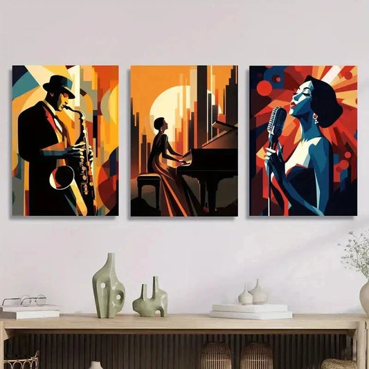 3pcs Jazz Cubist Portrait Orientation Wall Art Set Canvas Framed 40x60cm - High Quality Print 100% Australian Made Wall Canvas Ready to Hang