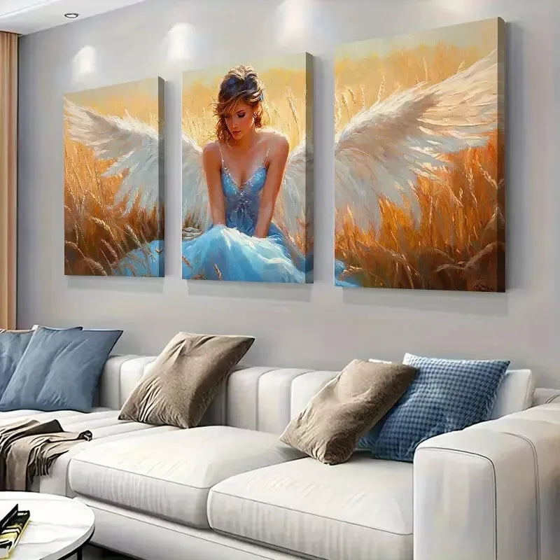 3pcs  Ethereal Angel in Wheat Field Triptych Wall Art Set Canvas Framed 40x60cm - High Quality Print 100% Australian Made Wall Canvas Ready to Hang