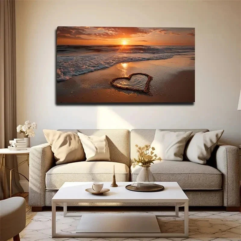 Sunset Beach Heart Mark Wall Art Canvas Office Home Room Framed 120x60cm