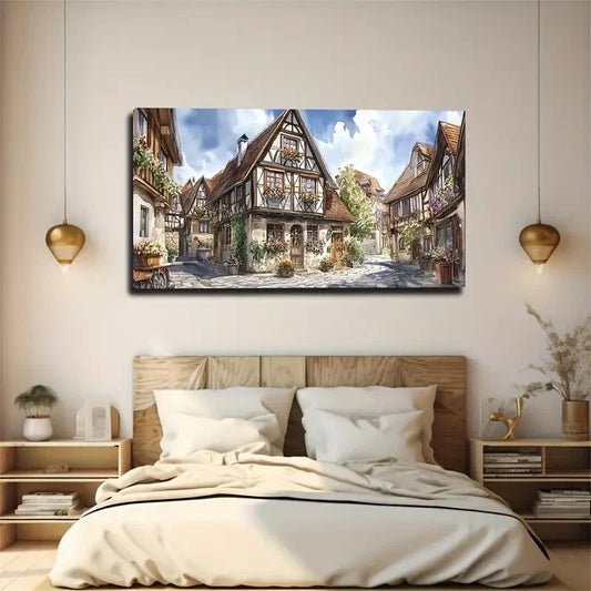 Charming European Village Scene Wall Art Canvas Office Home Room Framed 120x60cm