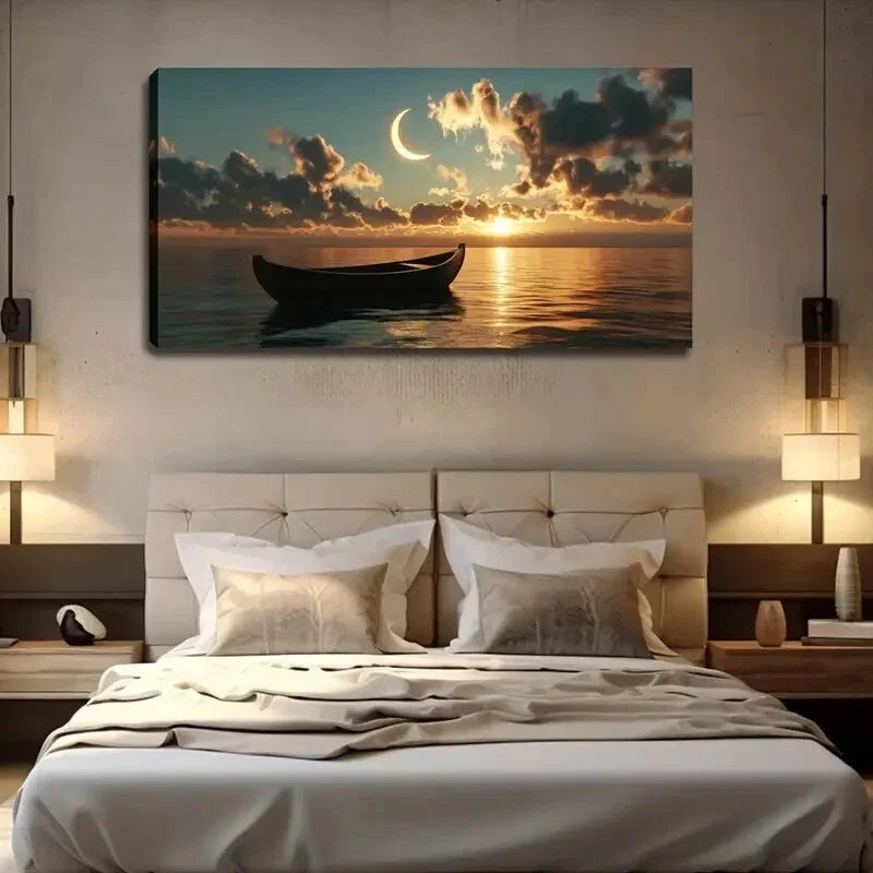 Moonlit Boat And Ocean Scene Wall Art Canvas Office Home Room Framed 120x60cm