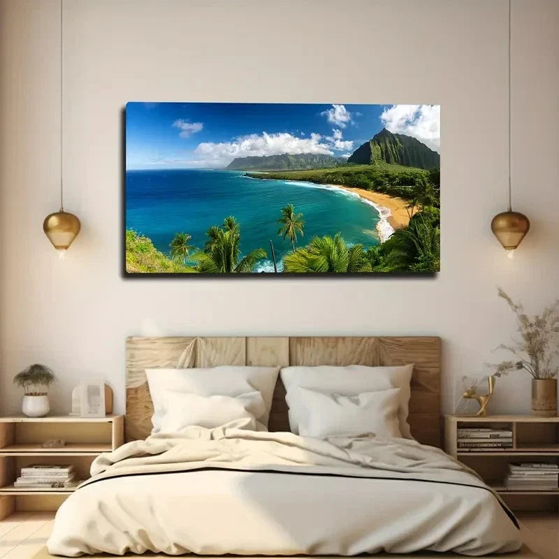 Tropical Beach Resort Wall Art Canvas Office Home Room Framed 80x45cm