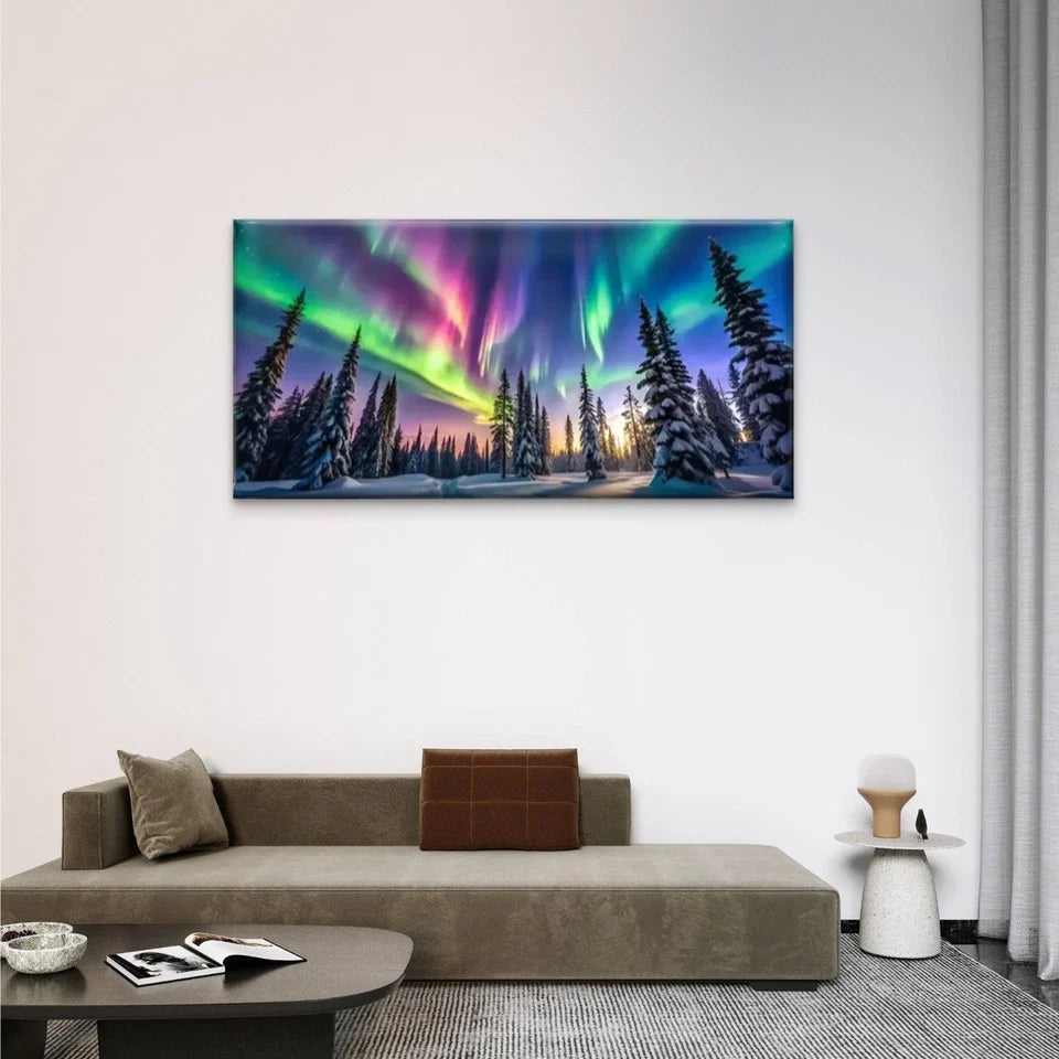 Colorful Aurora Forest Wall Art Canvas Office Home Room Framed 80x45cm