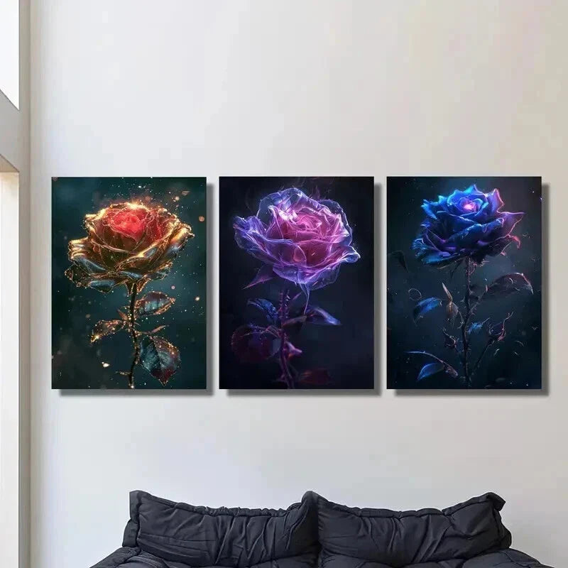 3pcs Fantasy Gold Purple Blue Rose Flower Wall Art Set Canvas Framed 40x60cm - High Quality Print 100% Australian Made Wall Canvas Ready to Hang