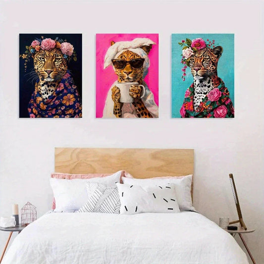 3pcs Leopard Floral Animal Classic Modern Metal Print Ready to Hang Art