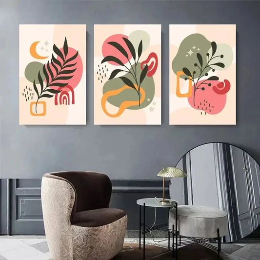 3pcs Vibrant Colorful Shapes, Leaves & Organic Metal Print Ready to Hang Art