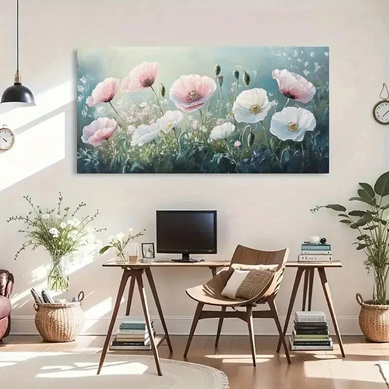 Pink Poppies & Blooming Flowers Wall Art Canvas Office Home Room Framed 120x60cm