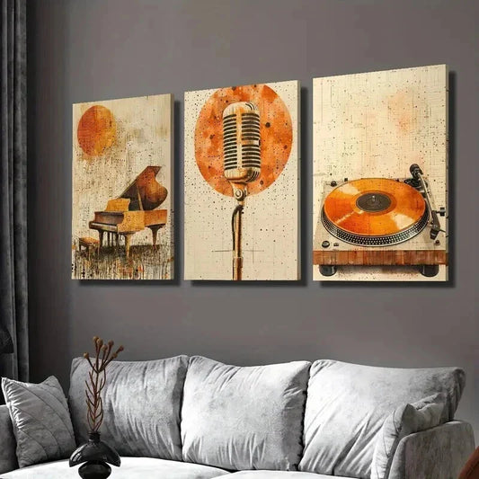 3pcs Golden Piano Microphone & Vinyl Record Wall Art Set Canvas Framed 40x60cm - High Quality Print 100% Australian Made Wall Canvas Ready to Hang