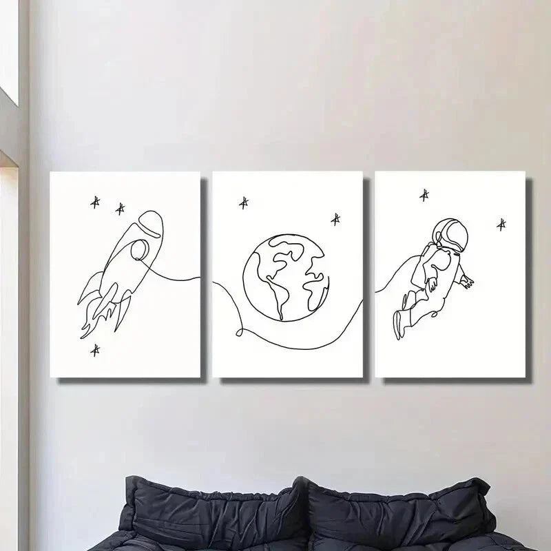 3pcs Earth Rocket Astronaut Line Drawings Wall Art Set Canvas Framed 40x60cm - High Quality Print 100% Australian Made Wall Canvas Ready to Hang