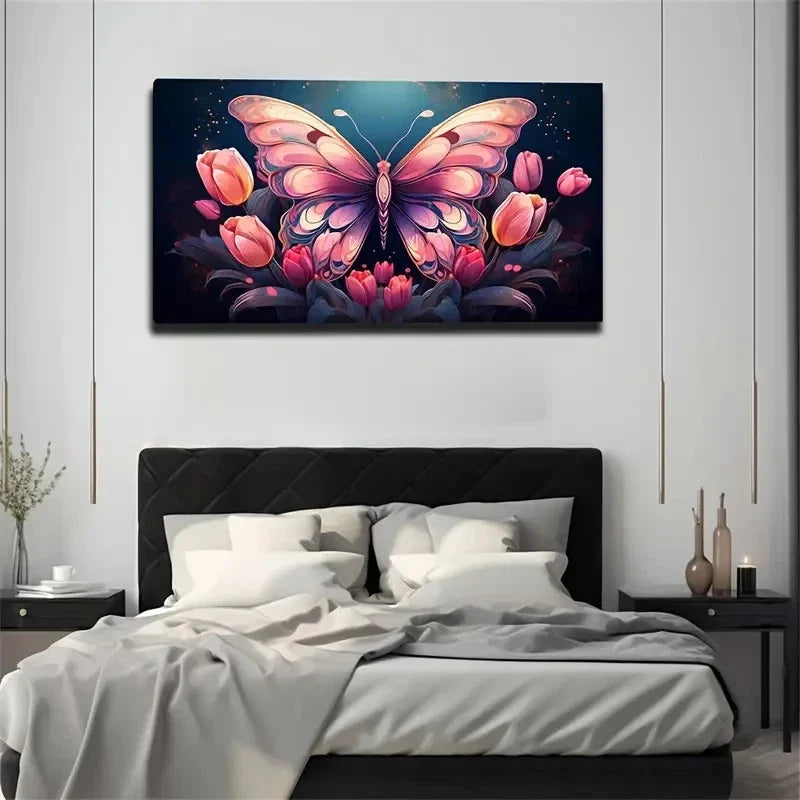 Mysterious Butterfly & Tulips Wall Art Canvas Office Home Room Framed 120x60cm