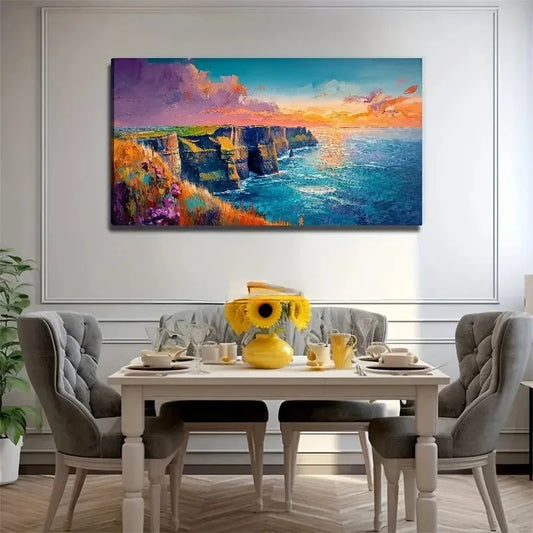 Vibrant Cliffs By The Sea Land Wall Art Canvas Office Home Room Framed 120x60cm