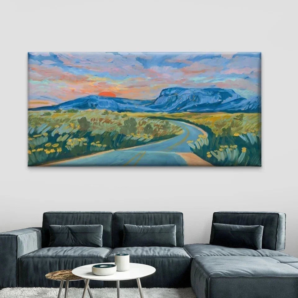 Abstract Mountain Road Sunset Wall Art Canvas Office Home Room Framed 80x45cm