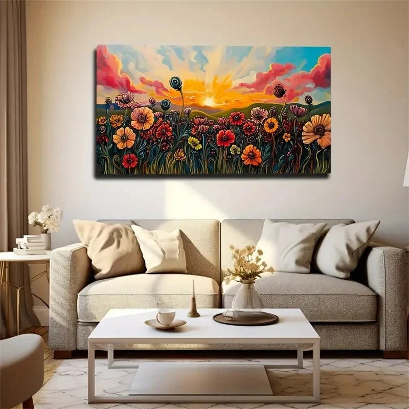 Wildflowers And Sunset Fields Wall Art Canvas Office Home Room Framed 120x60cm