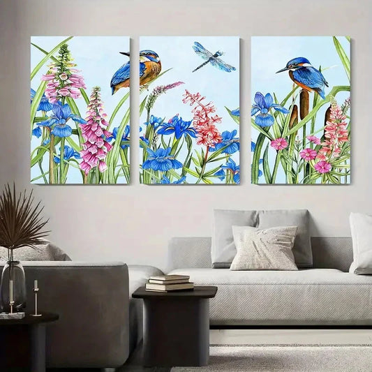3pcs Kingfisher and Wildflower Nature Inspired Metal Print Ready to Hang Art