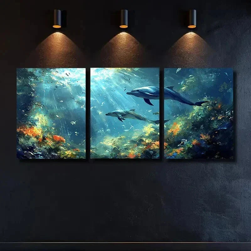 3pcs Vibrant Underwater Dolphin Ocean Scene Wall Art Set Canvas Framed 40x60cm - High Quality Print 100% Australian Made Wall Canvas Ready to Hang