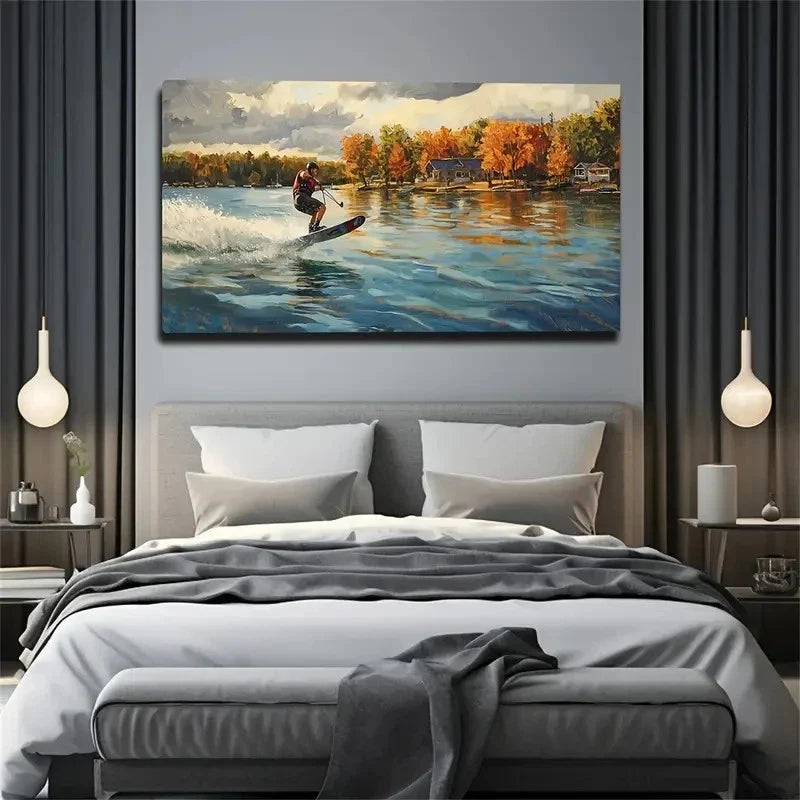 Dynamic Surfing Lake Decor Wall Art Canvas Office Home Room Framed 120x60cm
