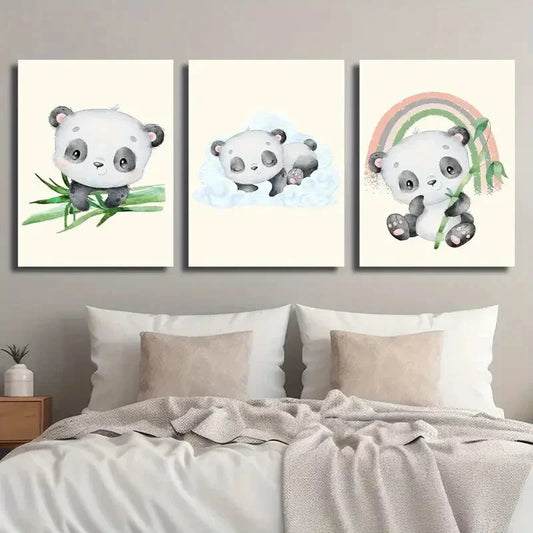 3pcs Bamboo Sleeping Panda Cute Animal Metal Print Ready to Hang Art