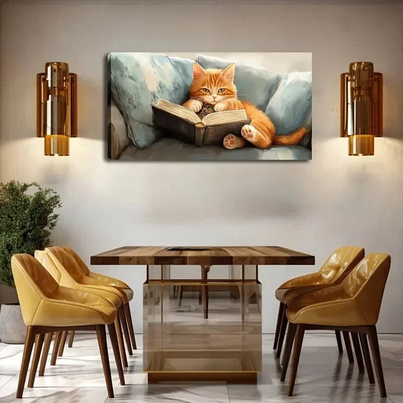 Orange Cat On Book Abstract Wall Art Canvas Office Home Room Framed 120x60cm
