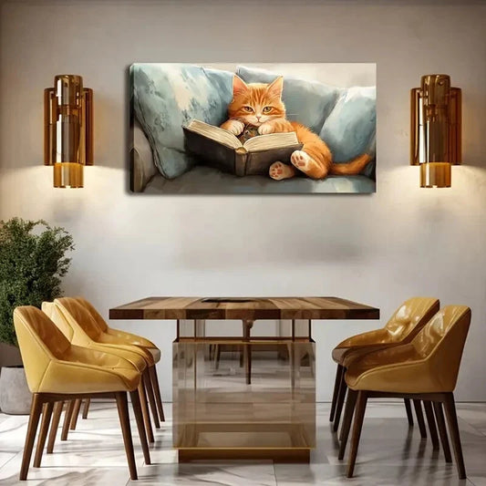 Orange Cat On Book Abstract Wall Art Canvas Office Home Room Framed 120x60cm