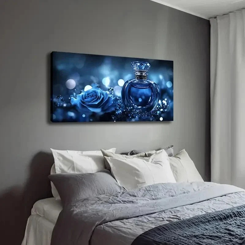 Blue Rose and Perfume Still Wall Art Canvas Office Home Room Framed 120x60cm