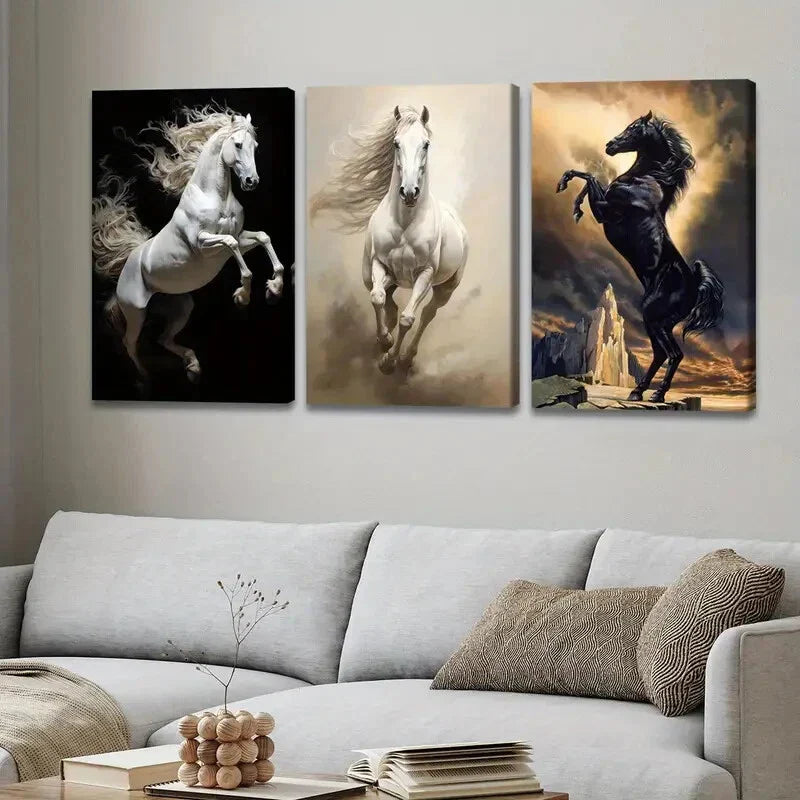 3pcs Horse Paintings Running Horse Black & Gold Wall Art Set Canvas Framed 40x60cm - High Quality Print 100% Australian Made Wall Canvas Ready to Hang