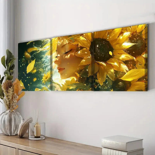 3pcs Sunflower Goddess Yellow Floral Perfect Wall Art Set Canvas Framed 40x60cm - High Quality Print 100% Australian Made Wall Canvas Ready to Hang