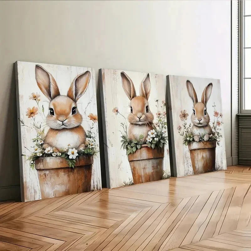 3pcs Cute Little Rabbit Flower Pot Elegant Wall Art Set Canvas Framed 40x60cm - High Quality Print 100% Australian Made Wall Canvas Ready to Hang